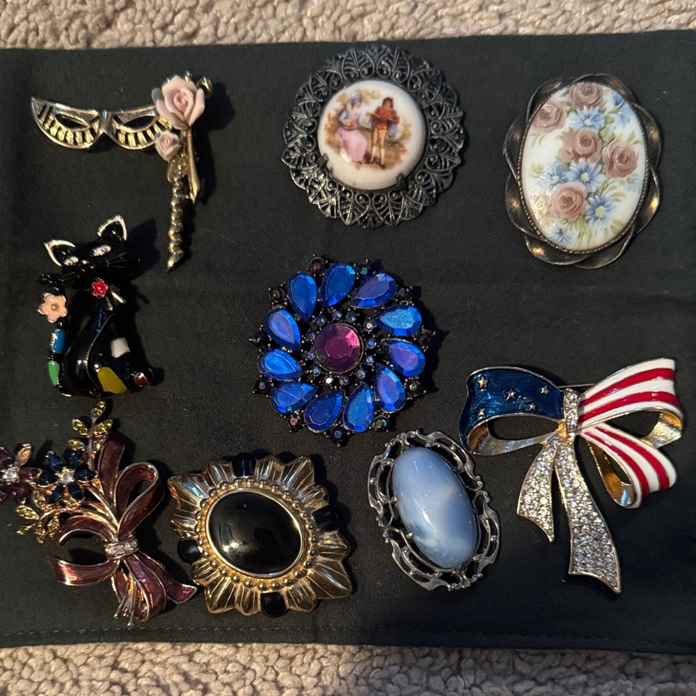 Vintage Brooch Lot – 9 Pieces – Rhinestone, Enamel, Porcelain, Statement Pins